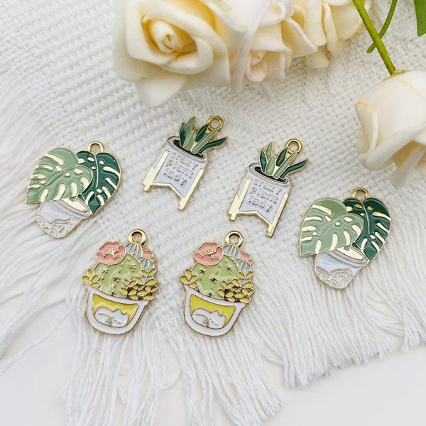 

charms 10pcs alloy enamel charm green plant cactus earrings pendant diy jewelry accessories for making earring, Bronze;silver