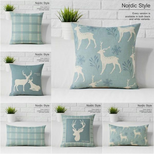 

pillow case cotton linen blue nordic deer animal geometric flax cushion 2 sizes soft room gifts single sides printing