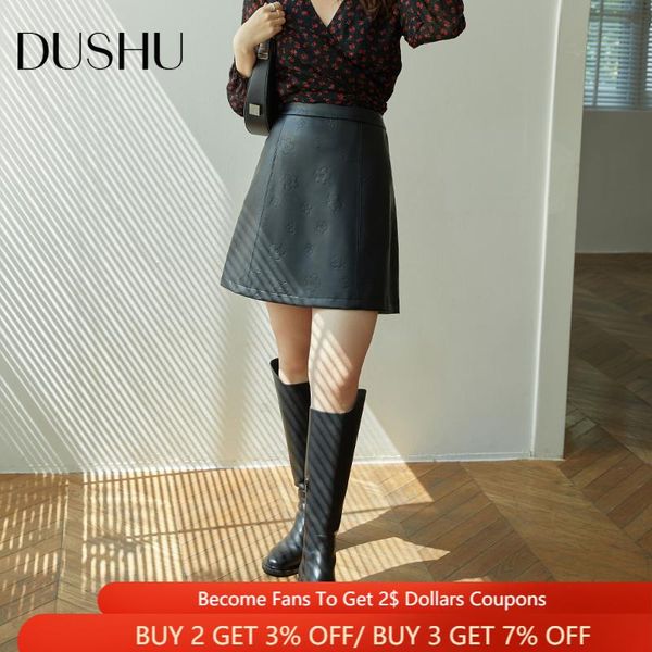 

skirts dushu women mini skirt all-match texture black leather vintage short slim high waist a-line