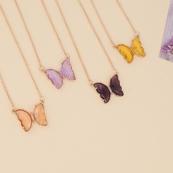 

chains thj fashion butterfly necklaces for women colorful transparent pendant female chain jewelry on the neck accessories, Silver