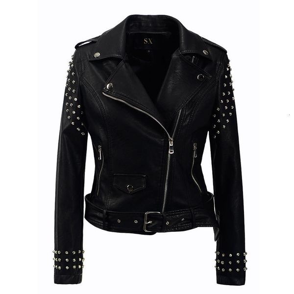 

leather jacket punk epaulets rivets handsome short motorcycle pu women, Black