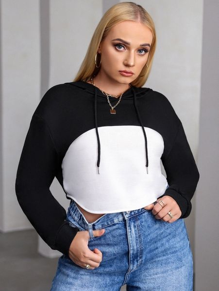 

plus color block drawstring drop shoulder hoodie h2f2#, Black