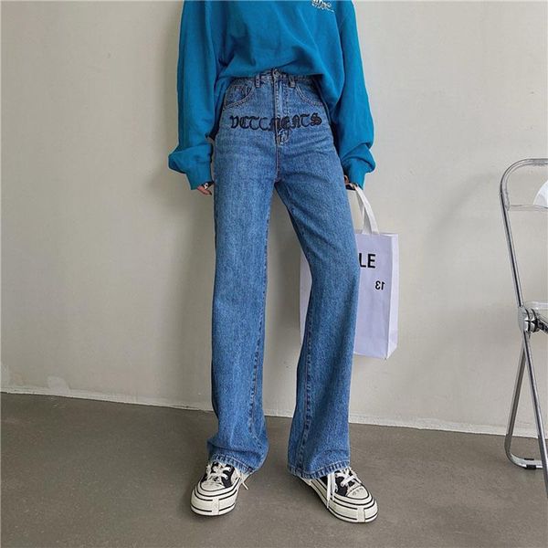 

letters embroidery jeans women long loose cotton denim pants straight hem classical fashion women's, Blue