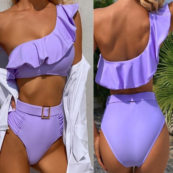 

women's swimwear womens 2 piece bikini set one shoulder flounce ruffles crop high waist buckle belted ruched thong swimsuit solid, White;black