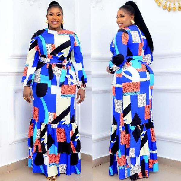 

ethnic clothing african dresses for women summer long sleeve printing o-neck polyester dress, Red