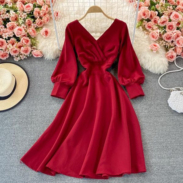 

casual dresses autumn style celebrity high waist v-neck cross pleated dress elegant light mature wind big swing, Black;gray