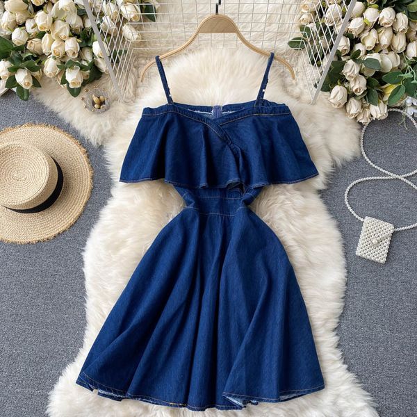 

dresses retro denim strap women korean off shoulder ruffles a-line es summer fashion streetwear short, Black;gray
