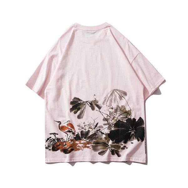 Homens Hip Hop T Shirt Streetwear Imprimir Lotus Folha Pintura Tshirt de Manga Curta Algodão Verão Harajuku T-shirt Japão rosa Tee 210527