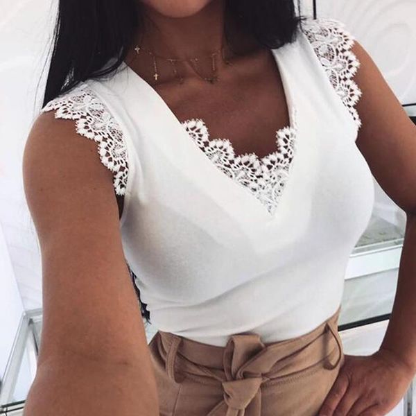 

women's blouses & shirts summer lace patchwork tank shirt back bandage sleeveless slim blusa feminina, White
