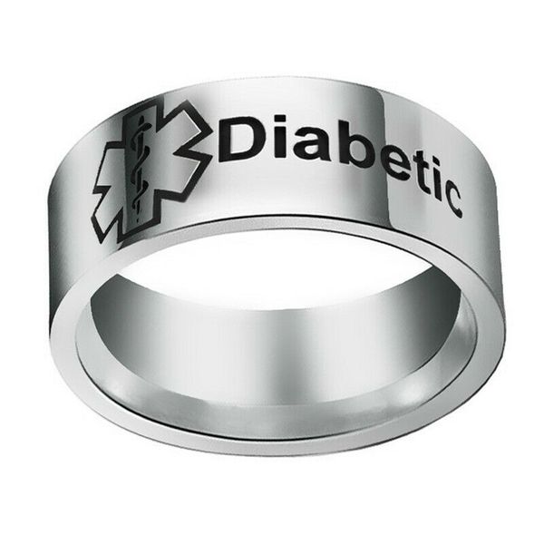 

8mm medical alert diabetic symbol rings stainless steel men's band size 6-13, Silver