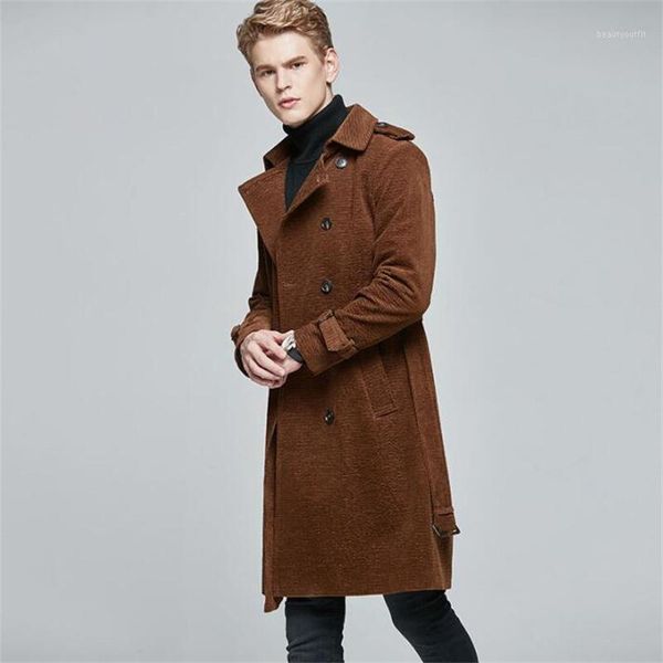 

spring autumn cotton trench coats men's youth windbreaker mid-length corduroy clothes double-breasted lapel business winter, Tan;black