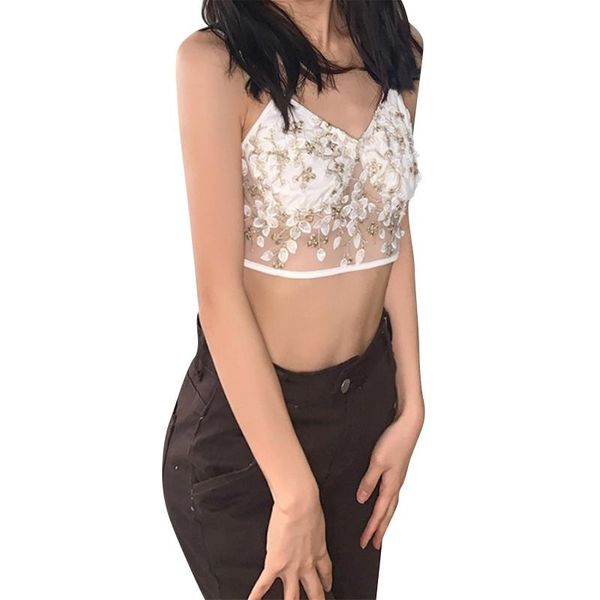 

women's t-shirt women close-fitting camisole, white floral embroidery pattern v-neck crop