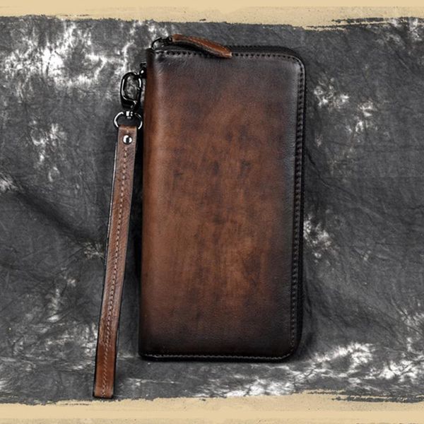 

crazy horse leather long wallet for man card holder big zip around genuine cell phone clutch purse mens business, Red;black