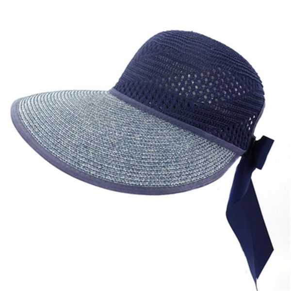

summer hats women adjustable bowknot ribbon band sun solid big birm outdoor protection beach straw wide brim, Blue;gray