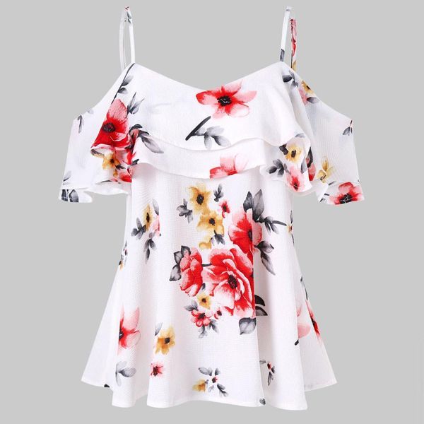 

womens shirt ftitong floral large size women blouse printing off shoulder sleeveless vest tank camisa feminina, White