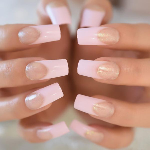 

long square fake nails pink nude press on nail coffin u curved glitter artificial fingernail tipsy manicure tool for women false, Red;gold