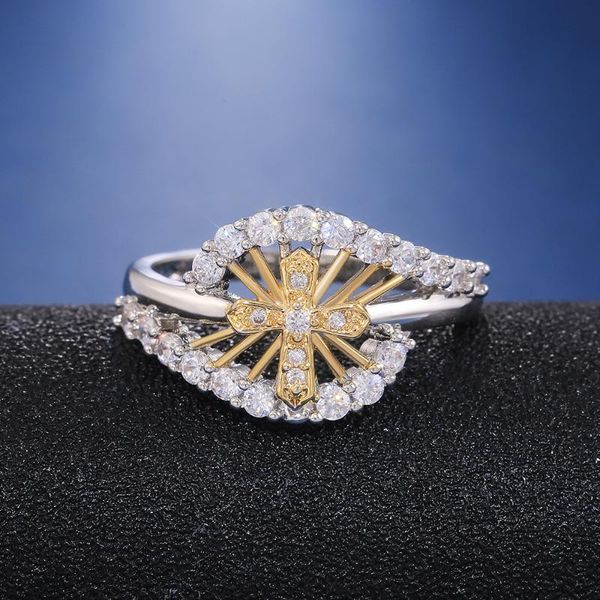 

cluster rings chuhan creative two-color cross religious lady's ring copper women's with zircon silver color female accessorie, Golden;silver