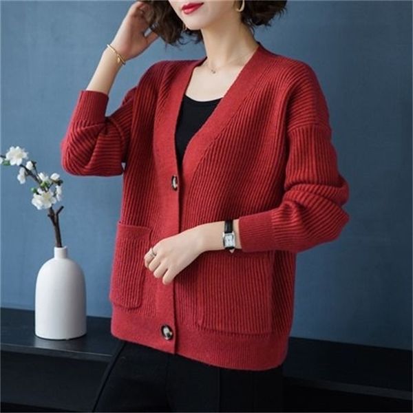 

spring and autumn fashion sweater women cardigan wool knit loose long-sleeved casual cotton 210427, White;black