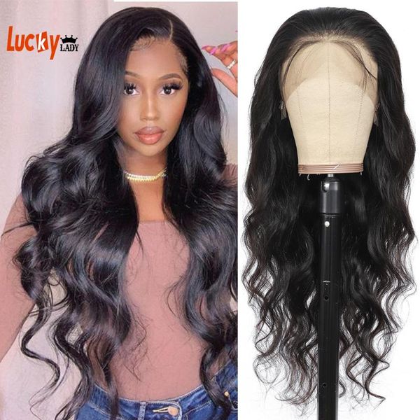 

lace wigs lucky lady 16-34 inchs body wave 4Ã4 front human hair brazilian frontal wig 180 250 density natural color for wom, Black;brown