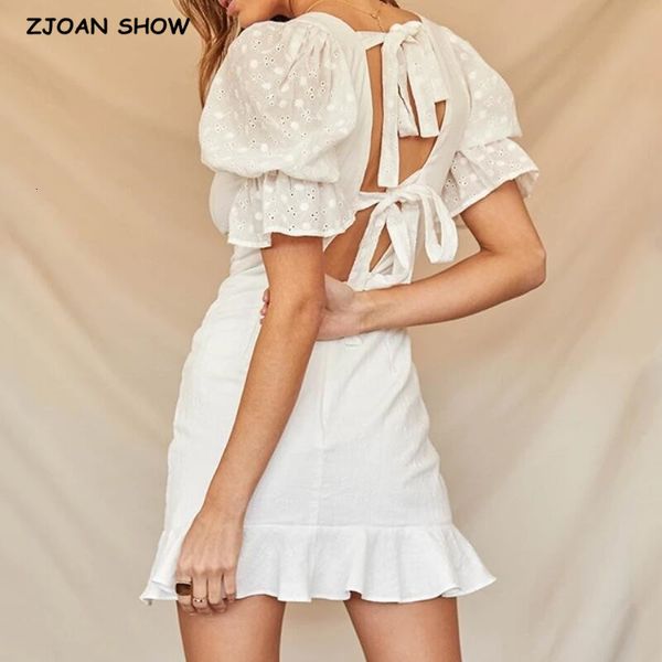 

casual dresses summer women vintage ruffles tie bow white lace embroidery dress retro puff sleeve slim waist short backless vestid, Black;gray
