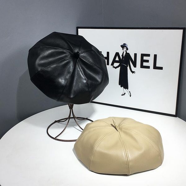 

berets vintage french beret cap for women leather wool autumn winter street style plain warm girl's beanie hat caps, Blue;gray