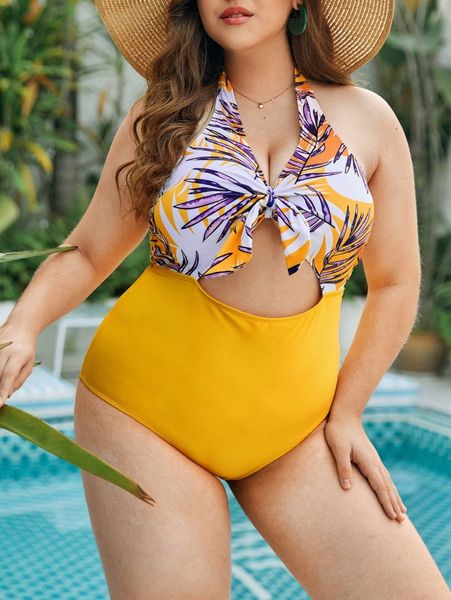 

plus plant print knot front halter one piece swimsuit t0i3#, Black
