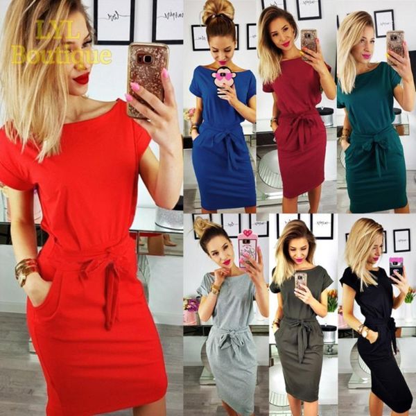 

casual dresses bandage 2021 dress summer women's o neck solid pocket belt tunic package hip fashion bodycon ladies vintage, Black;gray