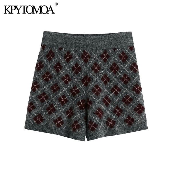 

kpytomoa women chic fashion with argyle knitted shorts vintage high elastic waist female short pants mujer 210408, White;black