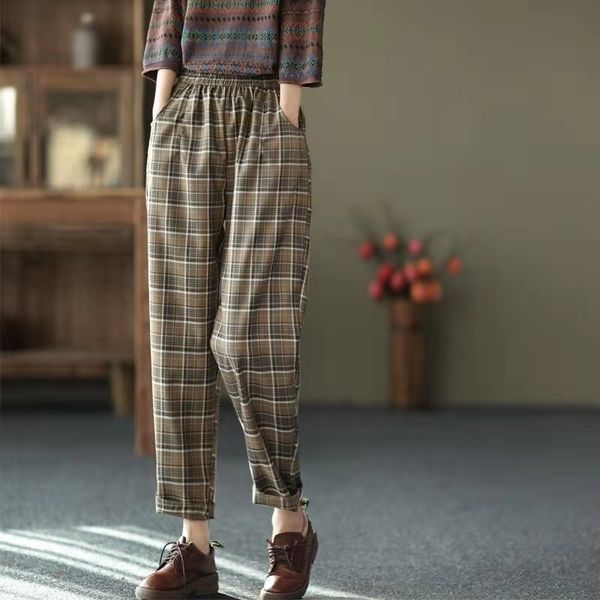 

capris 2021 arrival of female summer loose elastic casual waist length all-combined cotton plaid harem pants w160, Black;white