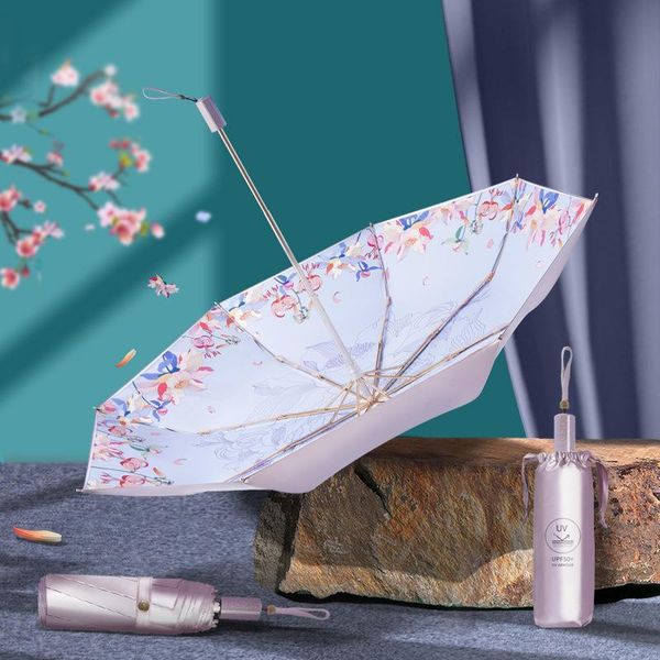 

umbrellas double layer sun umbrella rain women windproof wooden handle 3 folding anti-uv parasol girl flower for gift