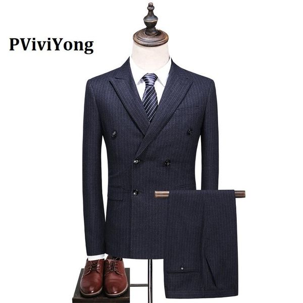 

pviviyong brand 2021 suit men double-breasted gray stripe business three-piece (jackets + vest pants) 6023 men's suits & blazer, White;black
