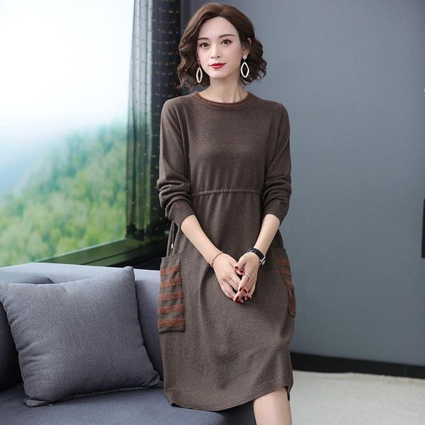 

casual dresses 2021 autumn winter women sweaters long sleeve o-neck lady knitted dress with pockets, Black;gray