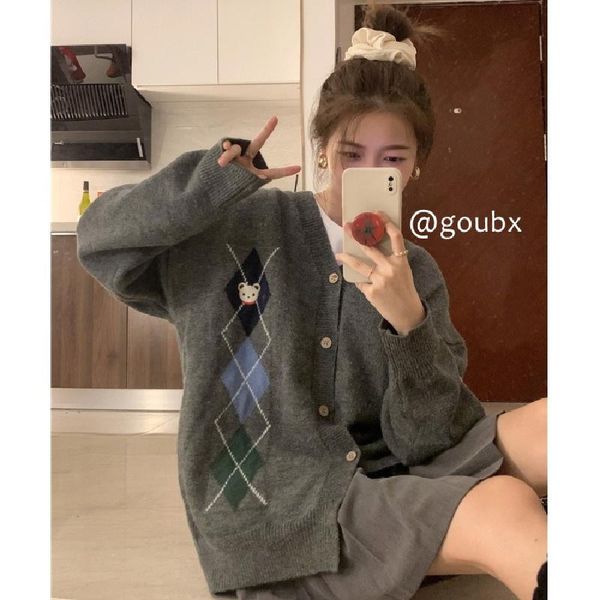 

women's knits & tees 2021 autumn bear embroidery rhombus v-neck long-sleeve cardigan sweater female idle style loose coat kio, White