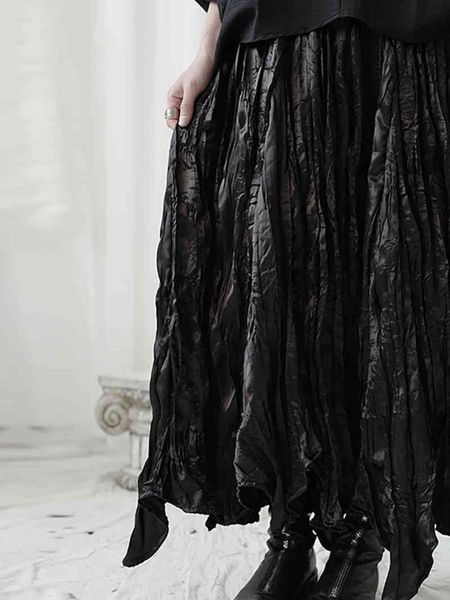 

[eam] high elastic waist black pleated irregular long temperament half-body skirt women fashion new spring autumn 1u965 210323