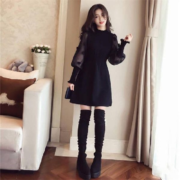 

temperament loose long sleeve women dress autumn vintage chic lady fashionable -4xl o-neck for casual dresses, Black;gray
