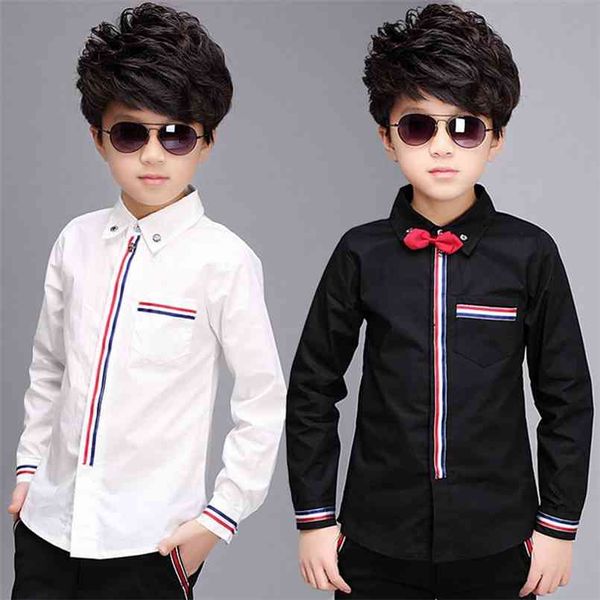 Adolescente Meninos Camisas Mola de Algodão Manga Longa Camisa Sólida Kids Whiteblack Tops Teen School Bow Roupas 6 10 13 15Nears 210713