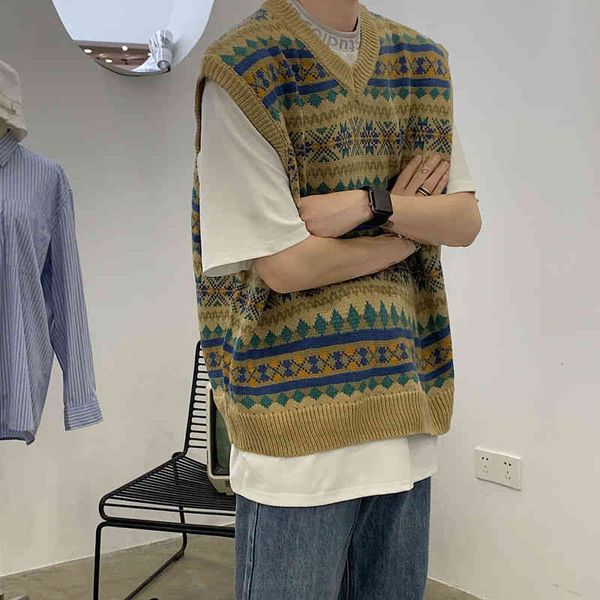 

men's sweaters autumn korean sweater vest fashion retro casual v-neck knitted pullover men streetwear loose knitting mens 31gu, White;black