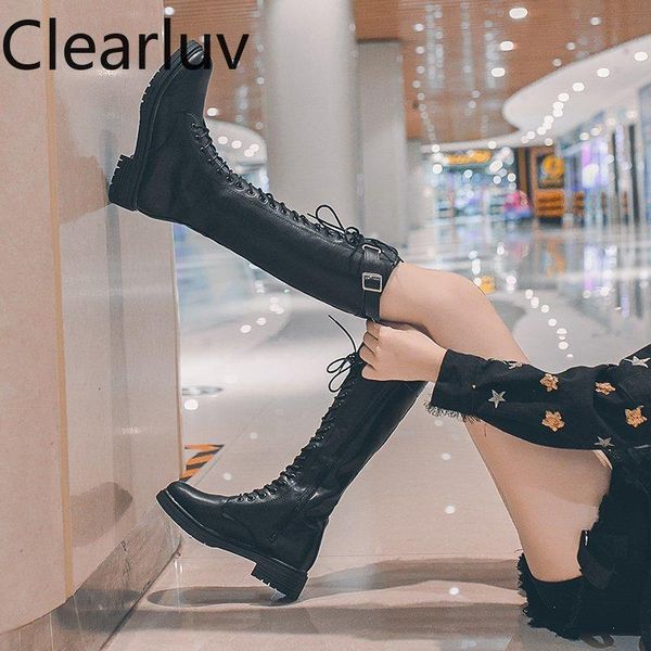 

boots women's over-the-knee knee high lace-up round head square heel black