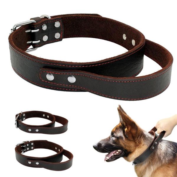 

quick control dog collar genuine leather big dogs for pet training brown with handle medium large m l collars & leashes