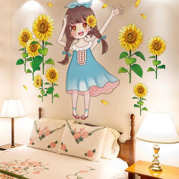 

wall stickers [shijuehezi] cartoon girl sticker diy sunflowers plants mural decals for kids rooms baby bedroom home decoration