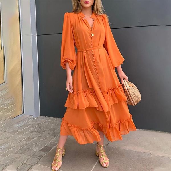 

casual dresses summer dress women long sleeve flroal vestidos solid party high waist ruffles midi outfits sundress, Black;gray