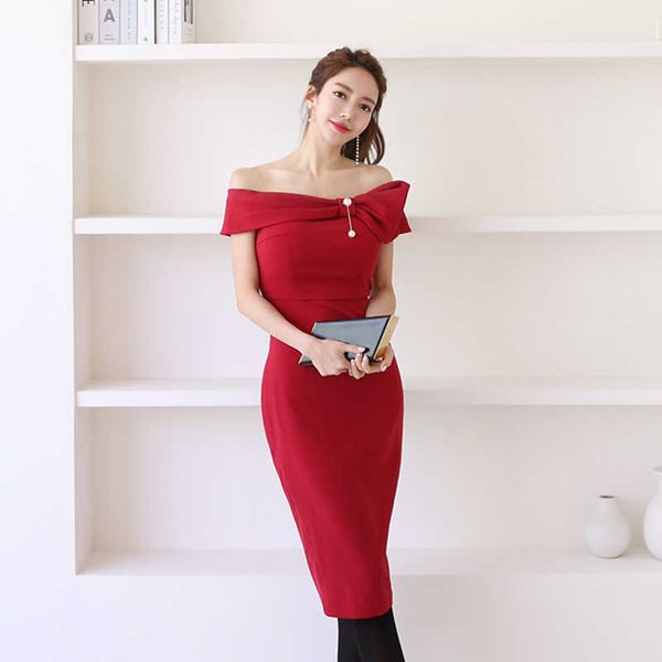 Moda Mulheres Chegada Ol Coreano Slim Sexy Elegante Formal Vestido Perspectiva Confortável Primavera Off Lápis 210529