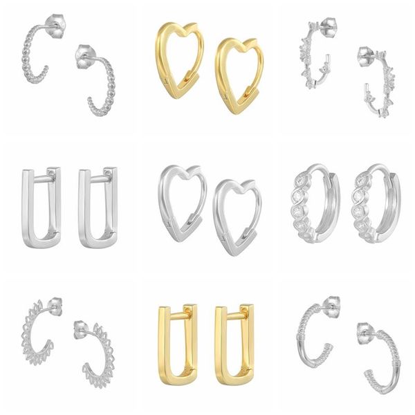 

hoop & huggie gs 925 sterling silver heart shape earrings for women gift geometric rectangle u half circle zircon jewel, Golden;silver