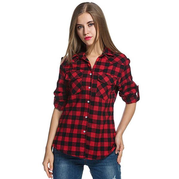 

shirt for women turn-down collar tartan plaid flannel shirts roll up sleeve casual button down blouse haut femme x0521, White