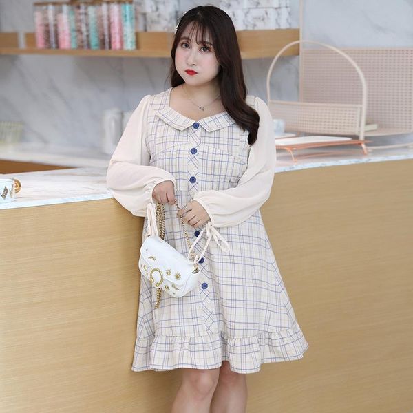 

casual dresses women's spring french plaid button dress plus size knee long 100kg can wear, Black;gray