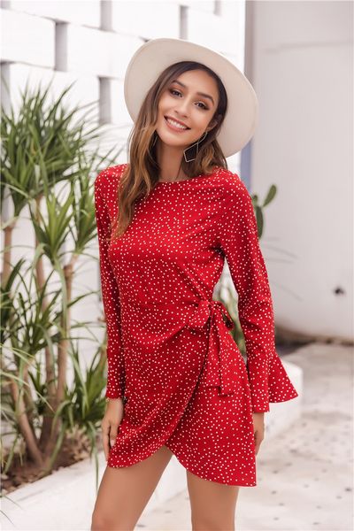 

women's irregular dress flare sleeve wave point red skirt, White