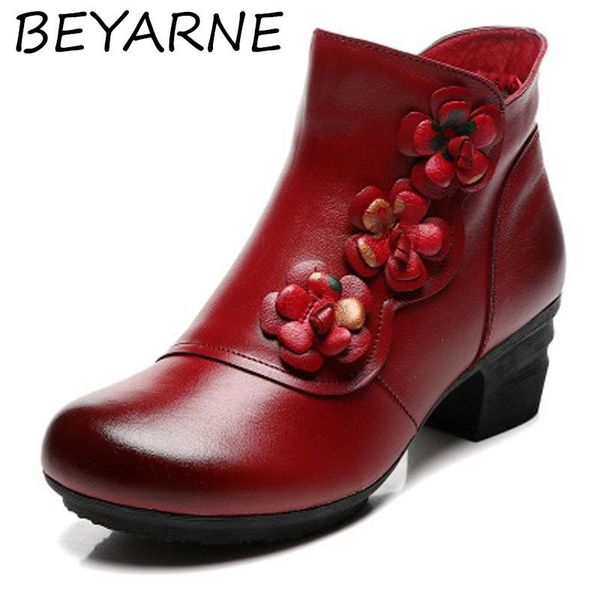 

sandals beyaromen ankle boots woman handmade genuine leather square heels short round toe high quqlity shoes winter fashion sho, Black