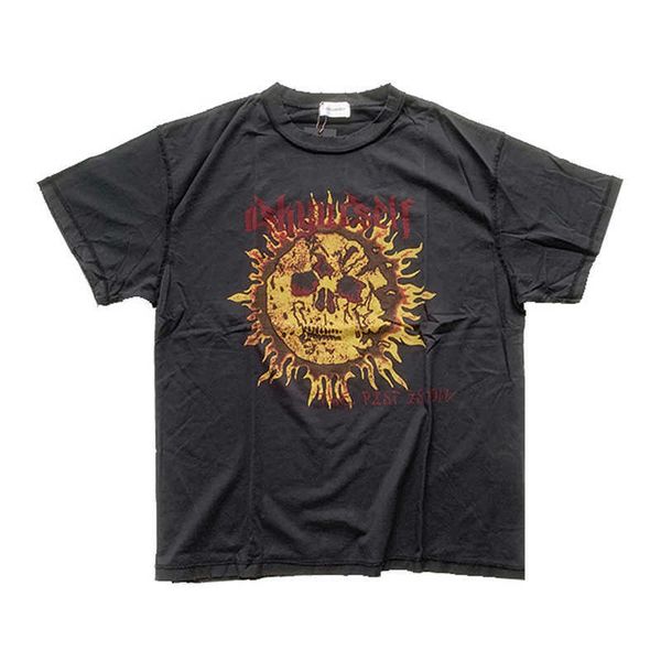 

men's t-shirts ay minority street tide brand helios cross printed short sleeve vintage washed hole made old high street t-shirt, White;black
