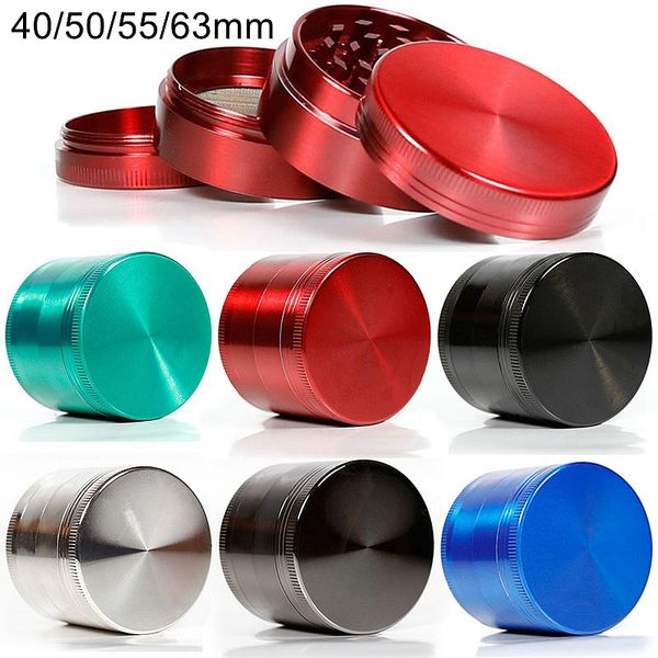 Moedores de pimenta Herb Metal Ginder 40mm 50mm 55mm 63mm Ferramenta de tabaco de 4 camadas para fumar 6 cores Liga de zinco CNC Dentes Ferramentas coloridas