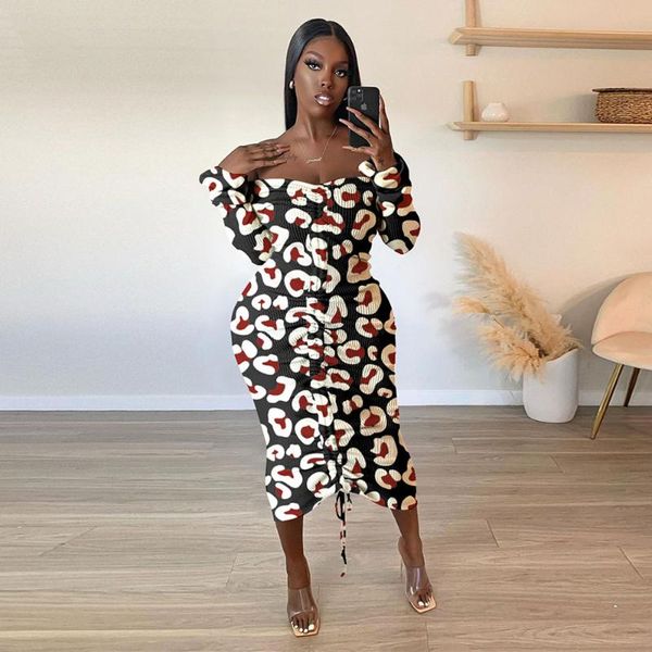 

women bodycon dress off shoulder leopard patchwork slash neck long sleeve party club vintage ruched drawstring robe femme casual dresses, Black;gray